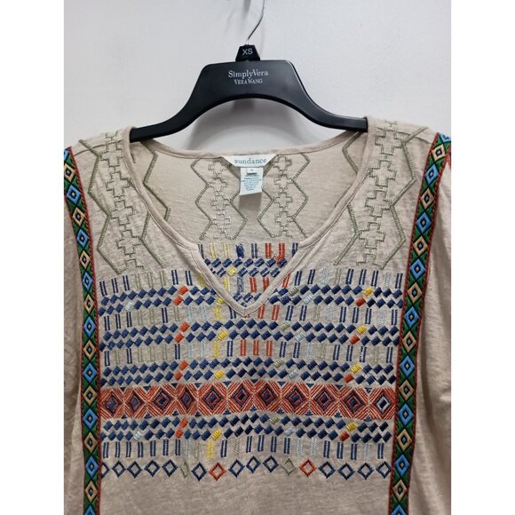 Sundance Womens BOHO Peasant Top Size Small Beige Linen Embroidered Short Sleeve - Picture 2 of 7
